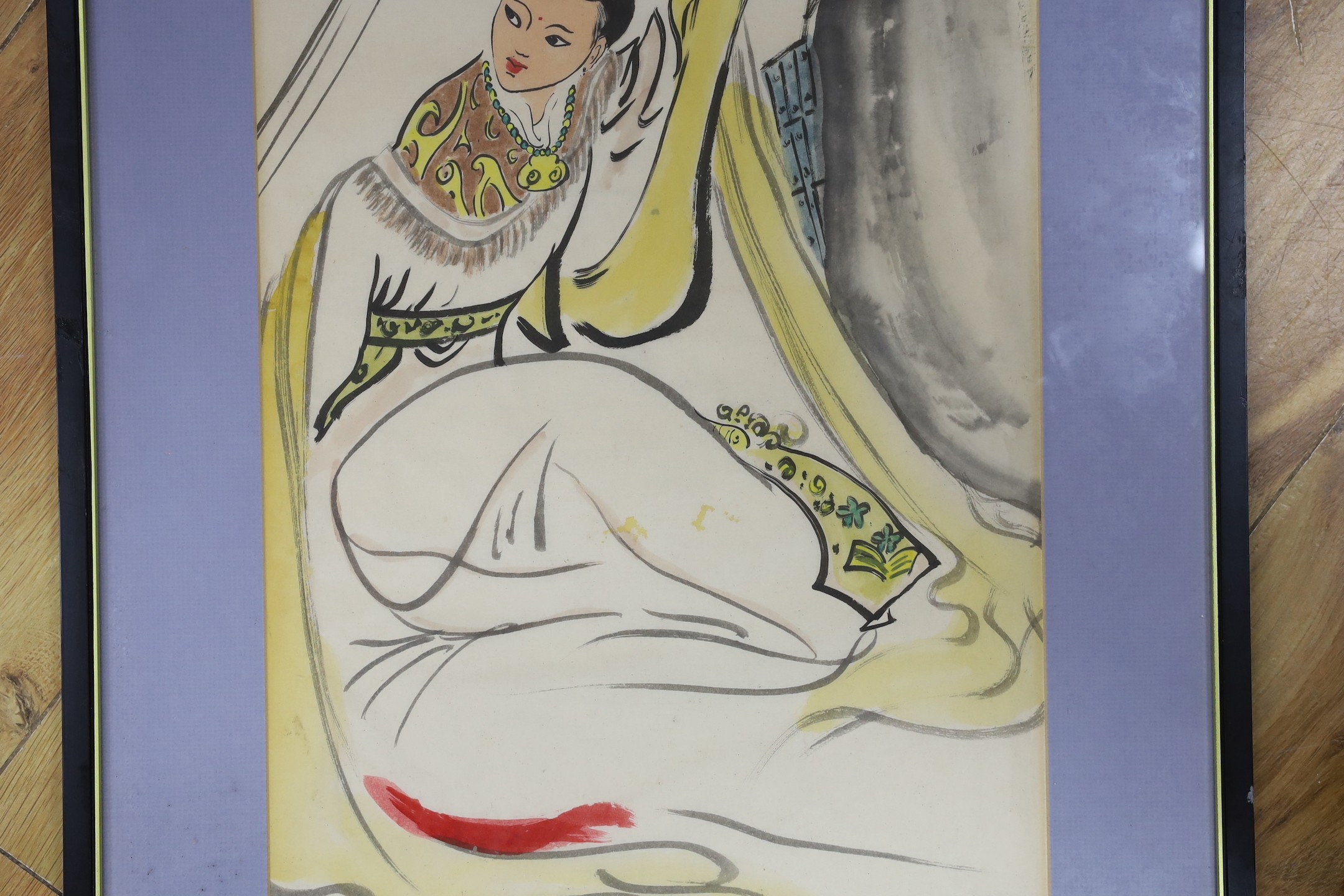 Chinese School, watercolour on paper, Warrior and princess, signed, 62 x 29cm